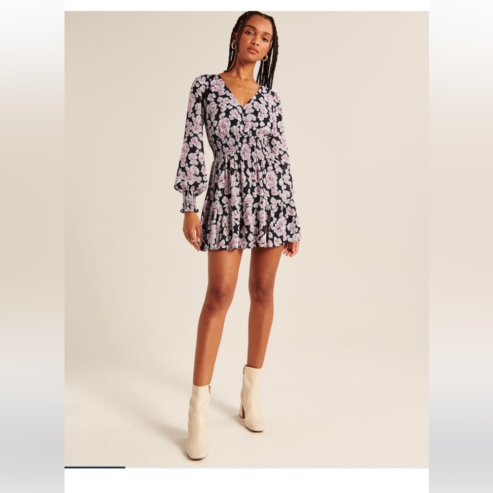 Long-Sleeve Smocked Waist Mini Dress